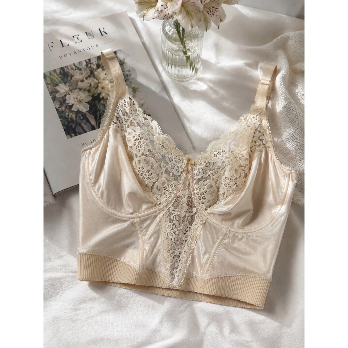 Vintage Va Bien Ivory Satin Lace Longline Bra 42DD Coquette Bridal Bustier