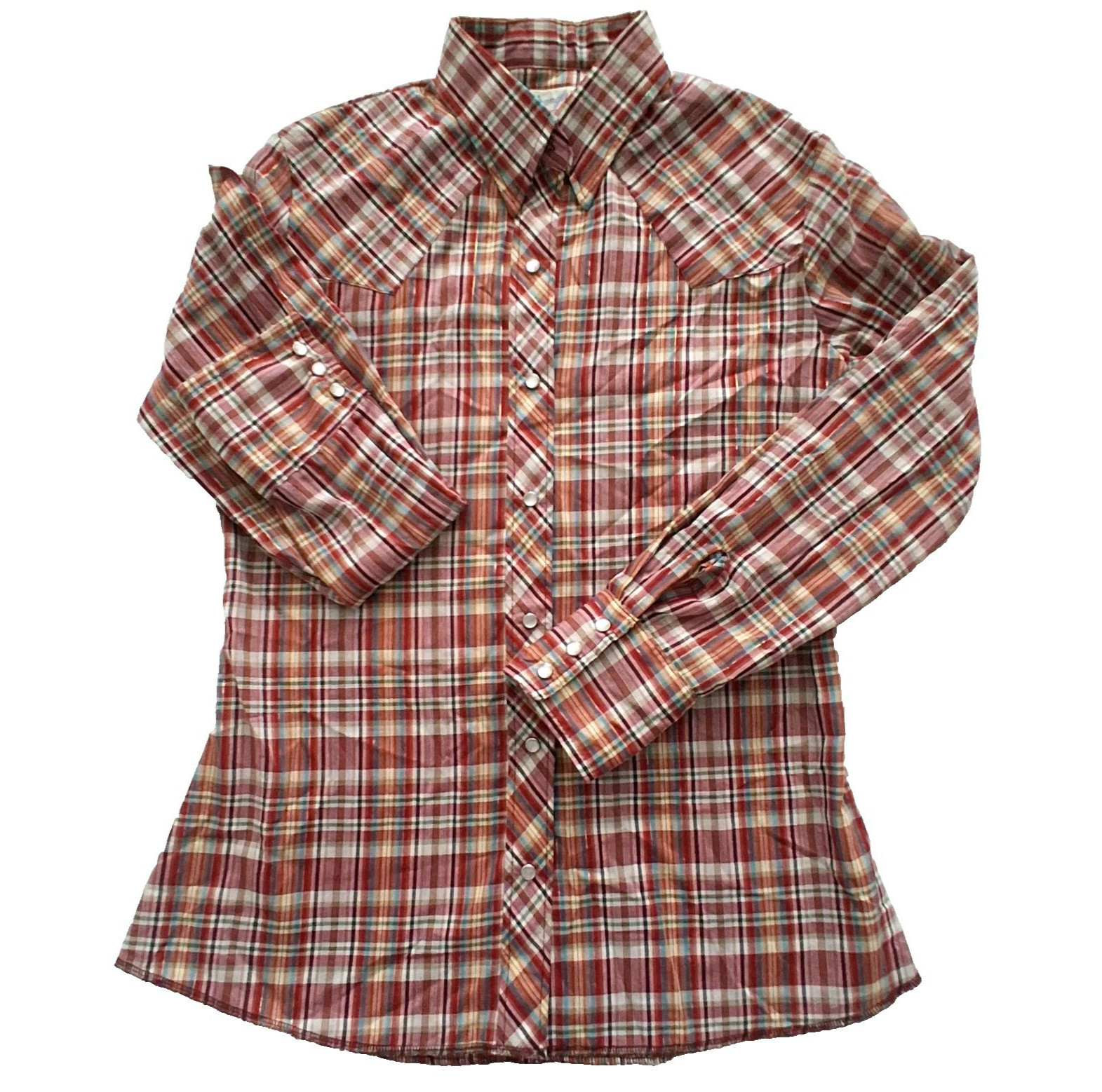 VTG 70 80s Wrangler Western Pearl Snap Shirt Womens M Red Plaid Metallic USA