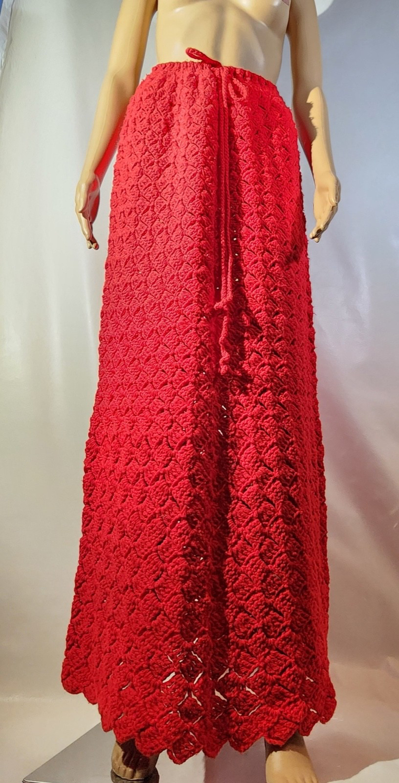 Vintage Handmade Crochet KNIT Boho Crocheted Maxi Skirt BRIGHT Red 42″ LONG