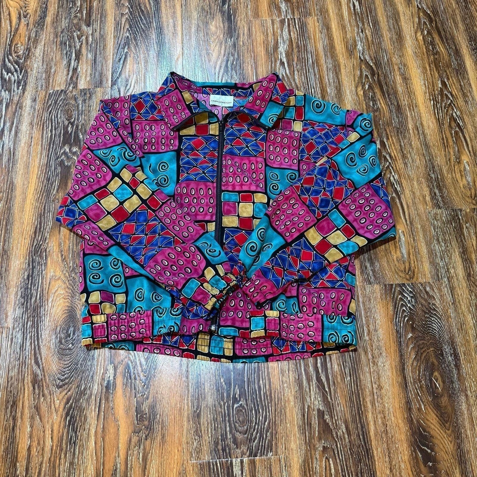 Erin London Vintage Geometric Patchwork Zip Bomber Jacket Multi Color Womens XL