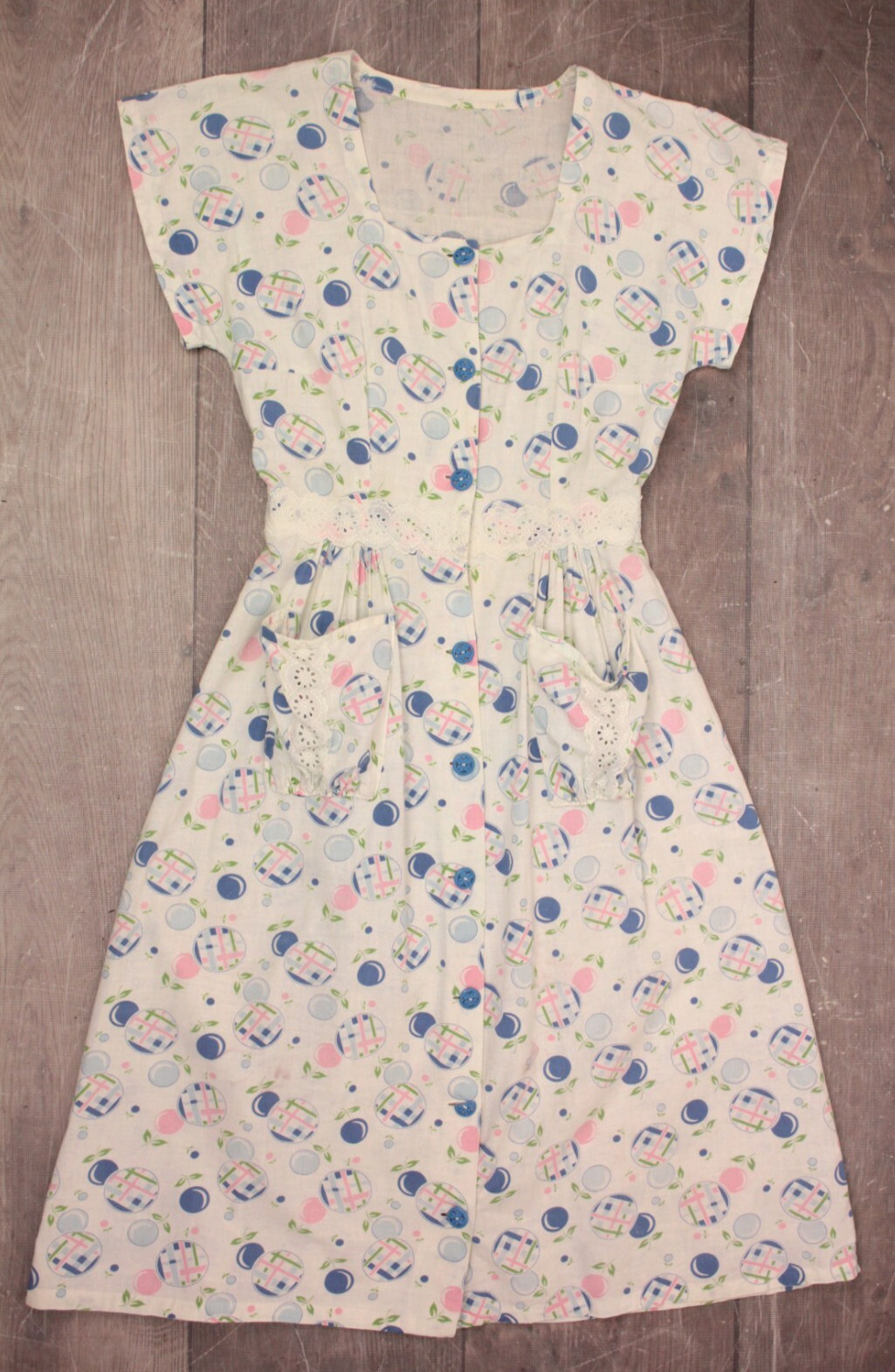 VTG Women’s 30s White Blue & Pink Floral Bubble Print Cotton Dress XS/S 1930s