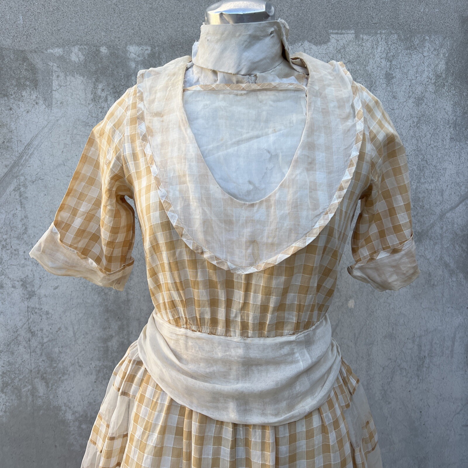 Antique 1920s 1930s Yellow Checkered Organza Cotton Dress Striped Prairie Vtg