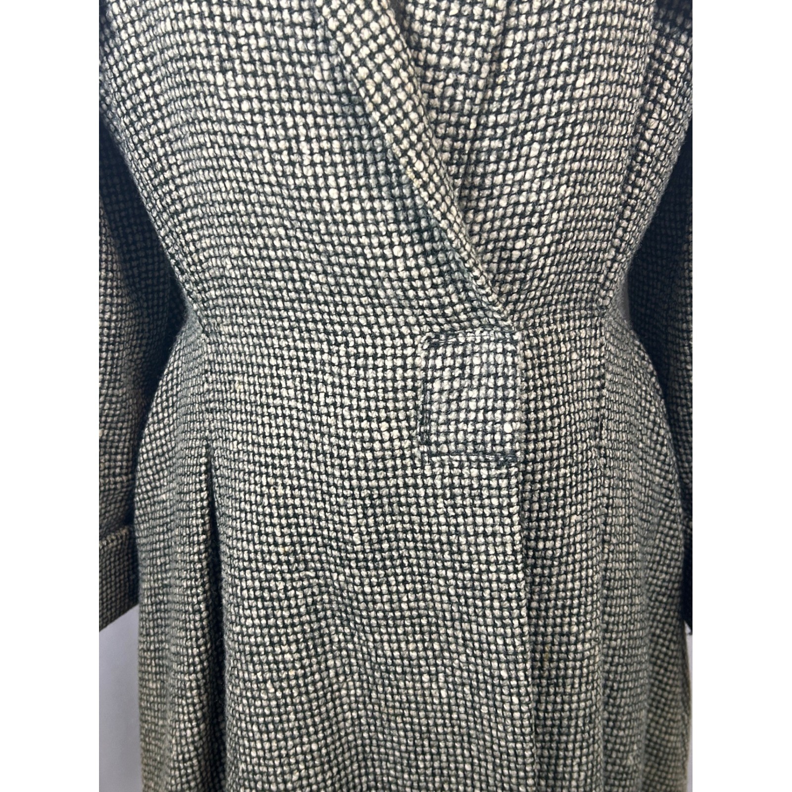Vintage Great Britain Black White Tweed Wool Maxi Coat Long Trench Jacket Womens
