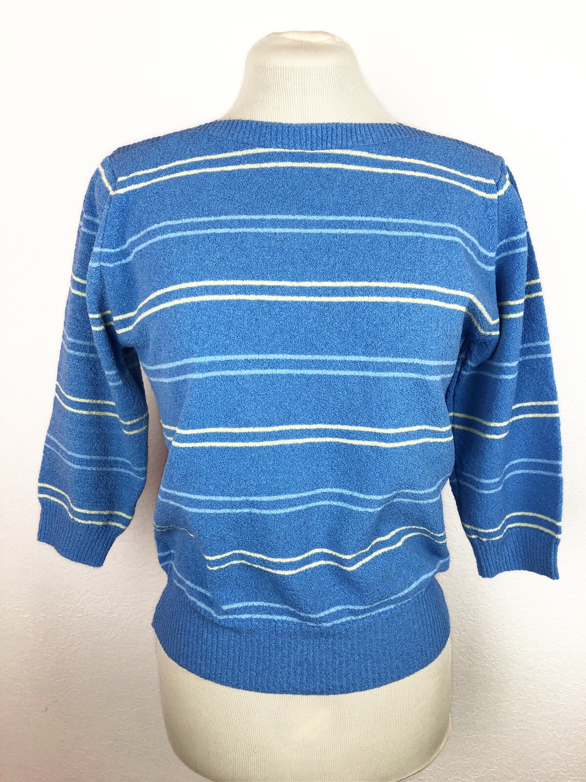 VTG Talbots Top Medium Knit Type 90s Blue USA 3/4 Sleeve Pullover Boat Neck NICE