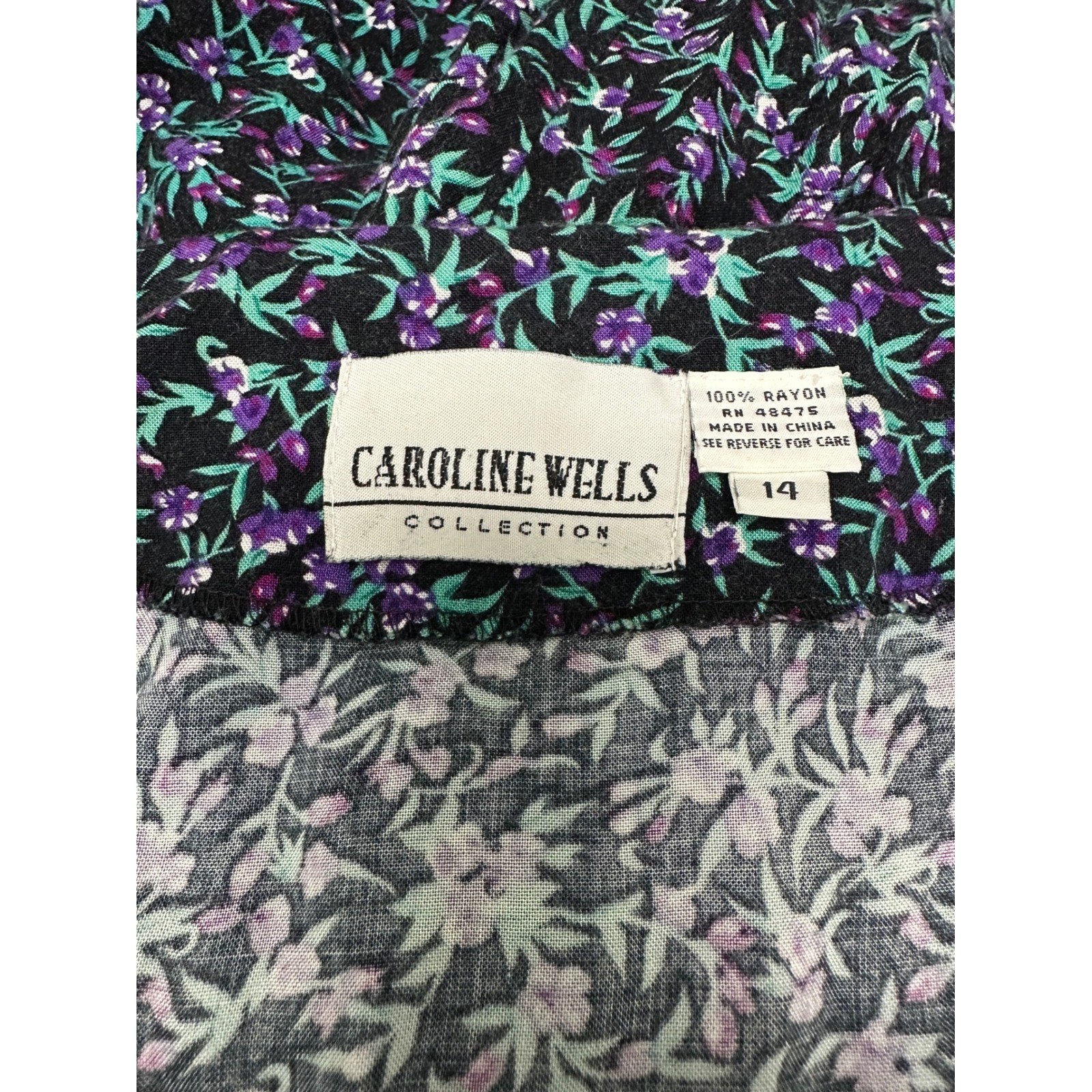 Caroline Wells Vintage Floral Button Front Midi Dress Purple Teal Rayon Size 14