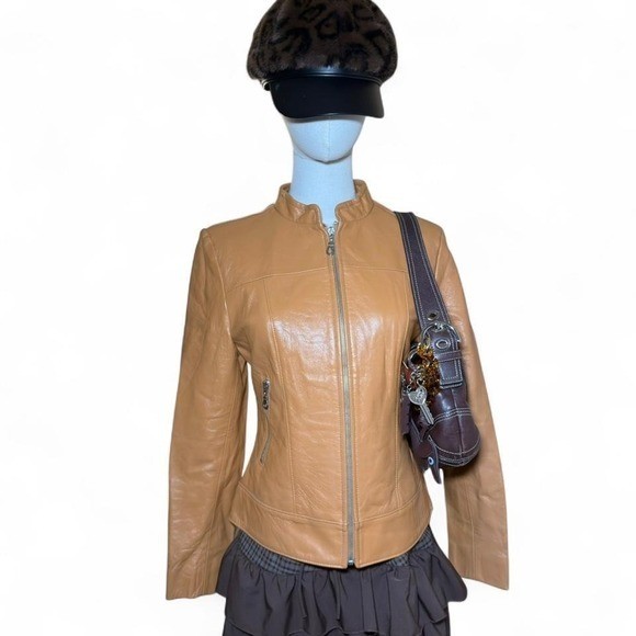 Vintage Y2K Tan Genuine Leather Fitted Moto Jacket Soft Girl Indie