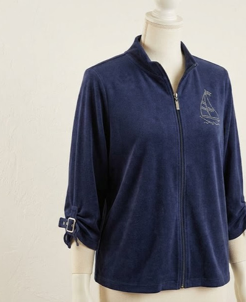 Alfred Dunner Blue Full Zip Rhinestones Nautical Sailboat Jacket Women’s Size 18
