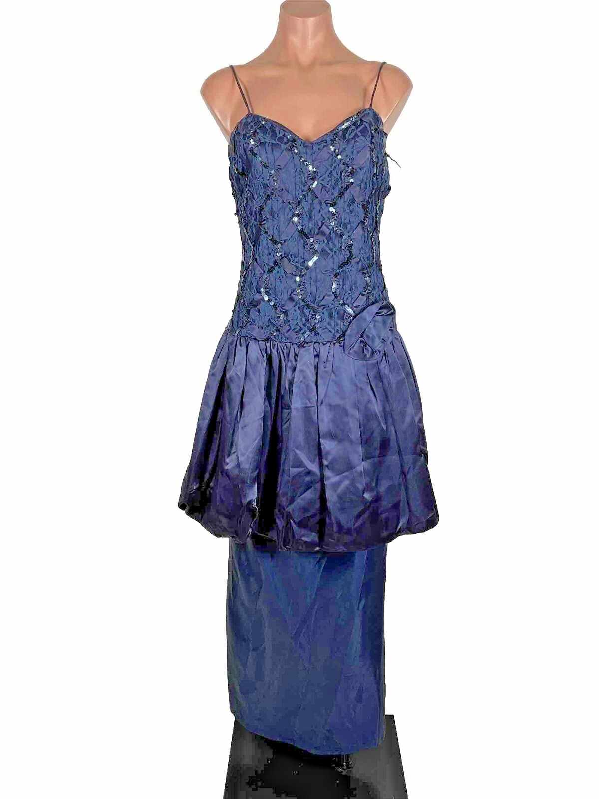 Vintage 80s Steppin Out Sapphire Blue Taffeta Party Prom Dress Sequin Lace sz 11