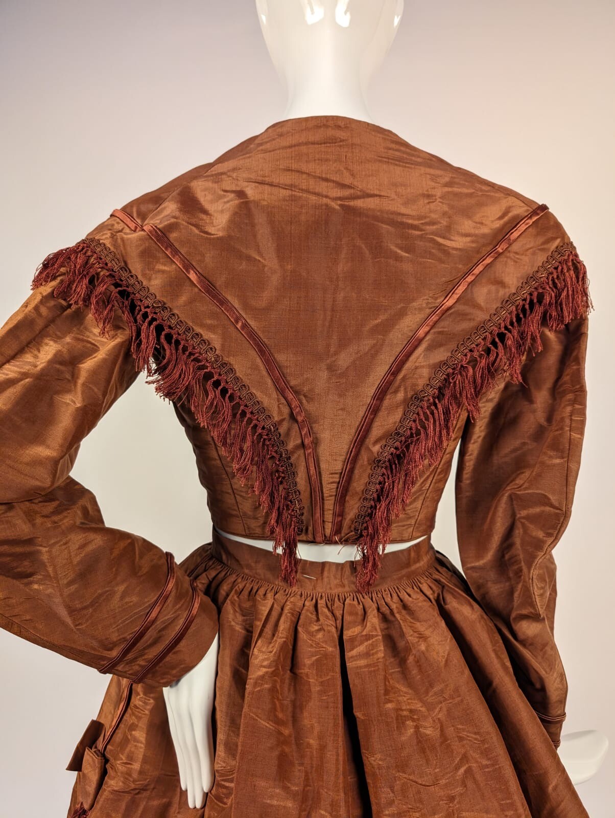 POST CIVIL WAR LATE 1860’S 3 PC BROWN SHINING SILK DRESS W FRINGE