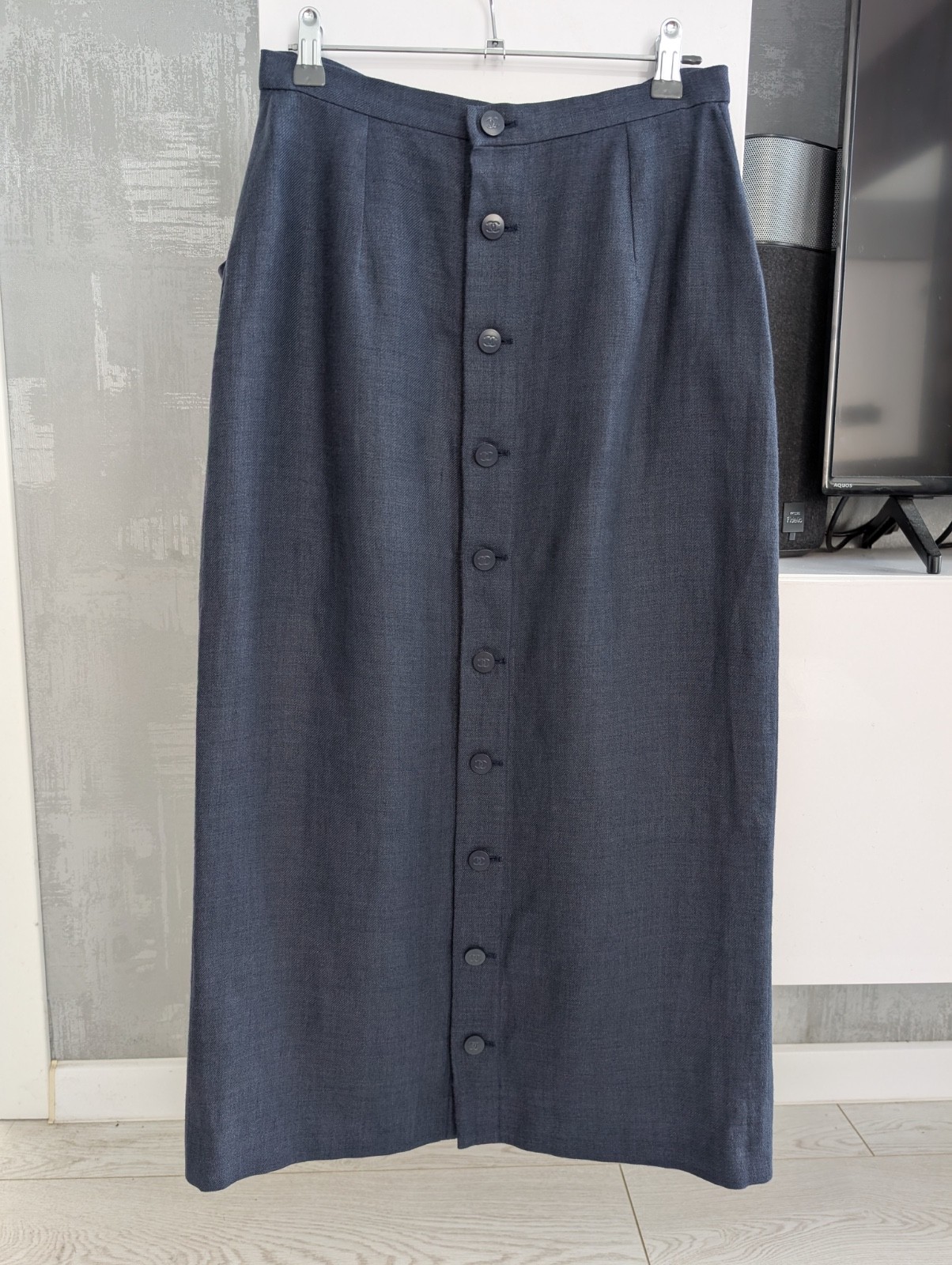 Chanel CC Button Front 98C Linen Wool Navy Blue Straight Pencil Midi Skirt 42 S