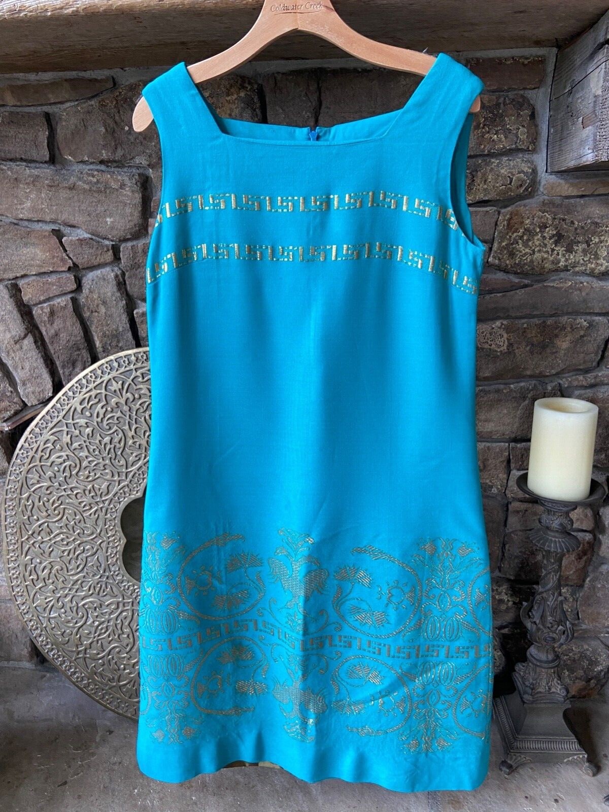 Vintage 60’s Turquoise Mod Shift Dress, Women’s 8-10 Gold embroidery GoGo