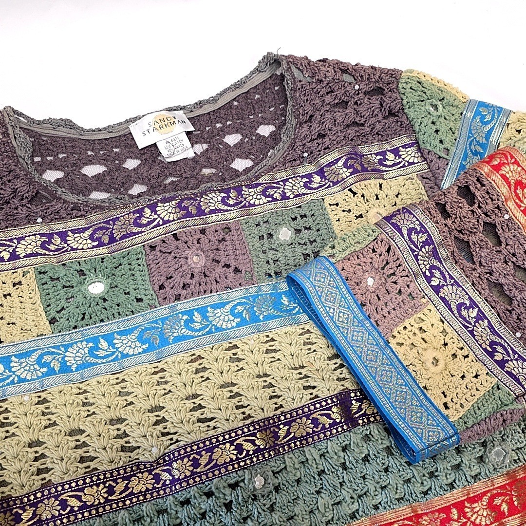 Sandy Starkman Crochet Knit Top Womens XL Multi Color Vintage Boho Ribbon Trim