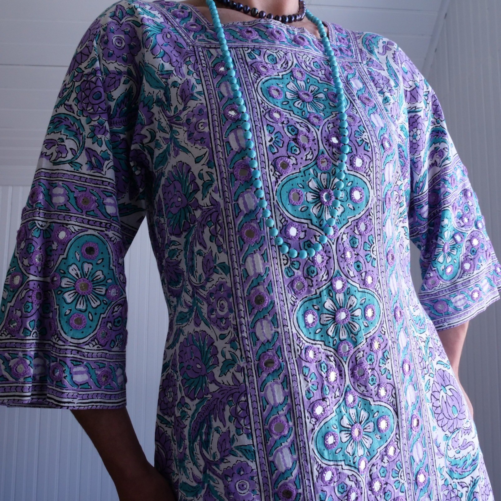 Gorgeous vintage 1970s Ramona Rull block print cotton with mirrors maxi dress