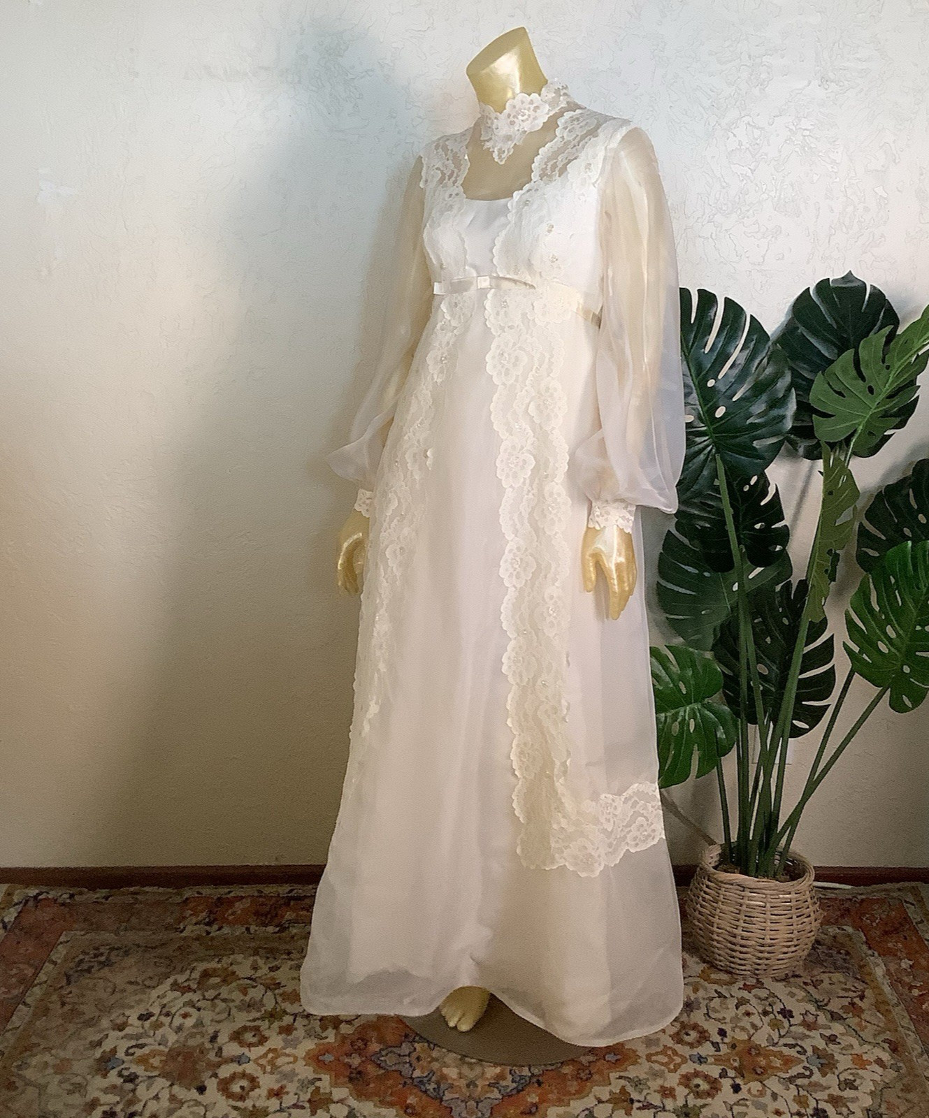 1970s Bridal Originals Regency Inspired Empire Waist Lace Wedding Dress & Train