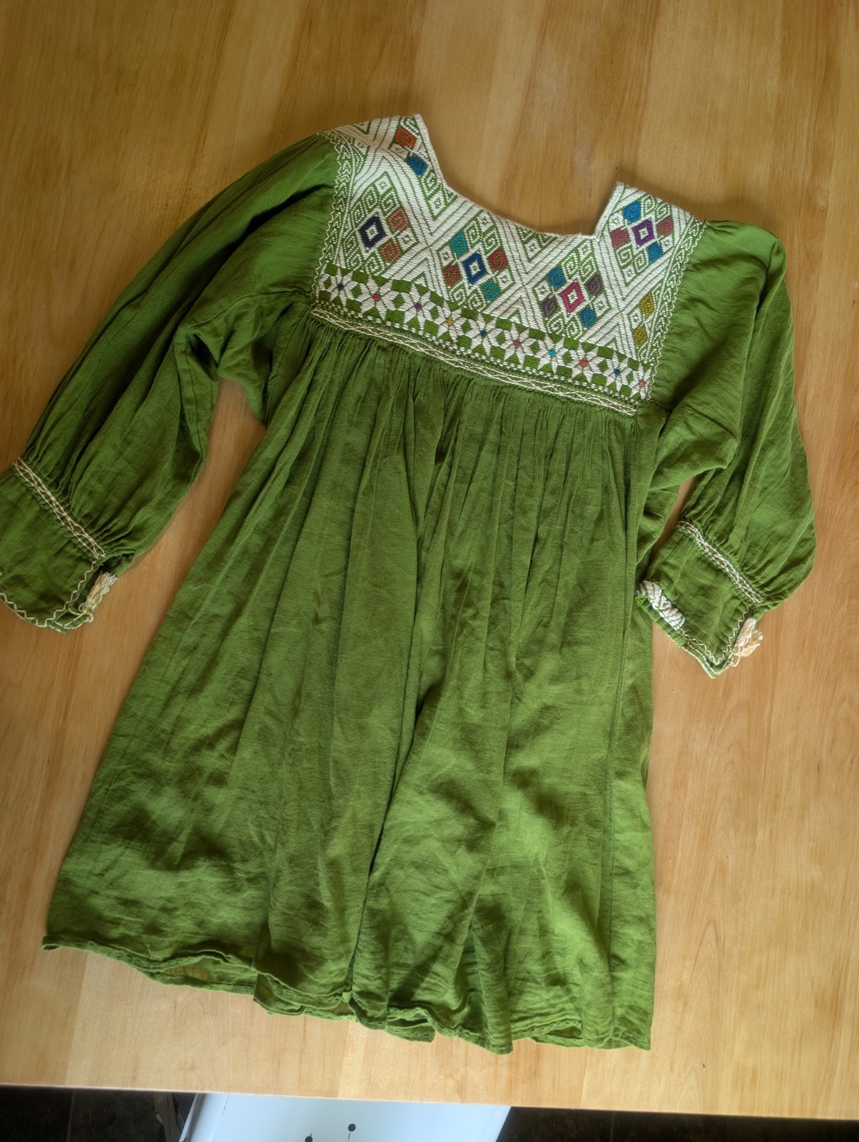Vtg 70s Mexican Embroidered Cotton Gauze Tunic Blouse Boho Peasant Green Huipil