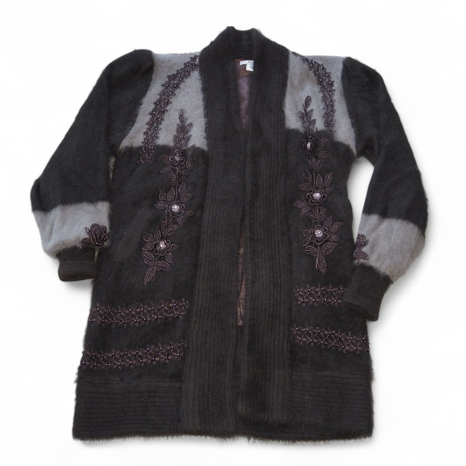 Naomi Korea Vintage Angora Lux Beaded Cardigan Sweater Brown / Grey Women’s SS