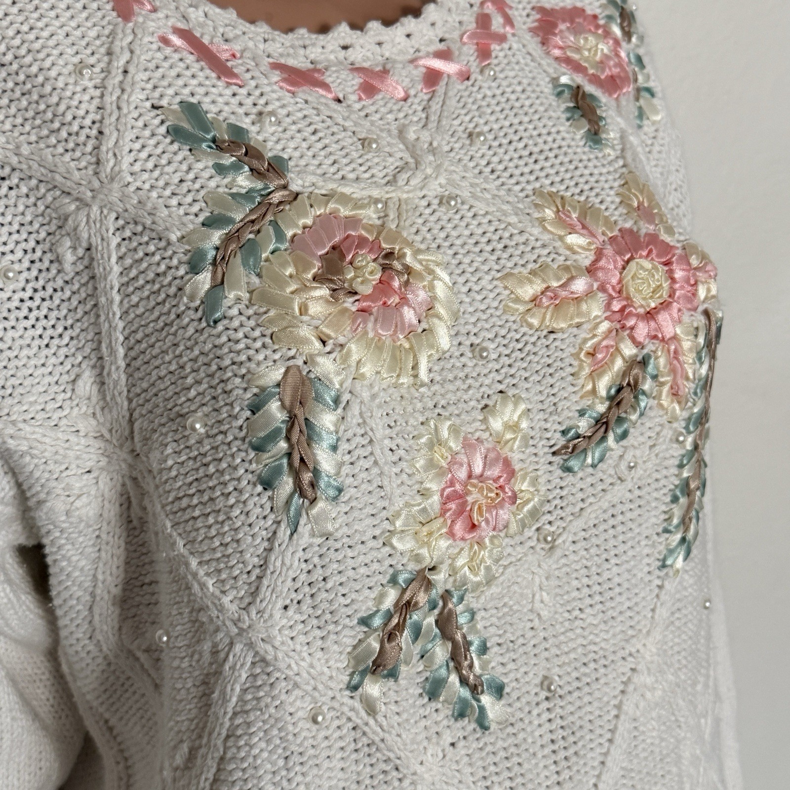 Vtg 80s 90s Cream Knit Floral Ribbon Embroidery Sweater Sz L Coquette Cottagecor