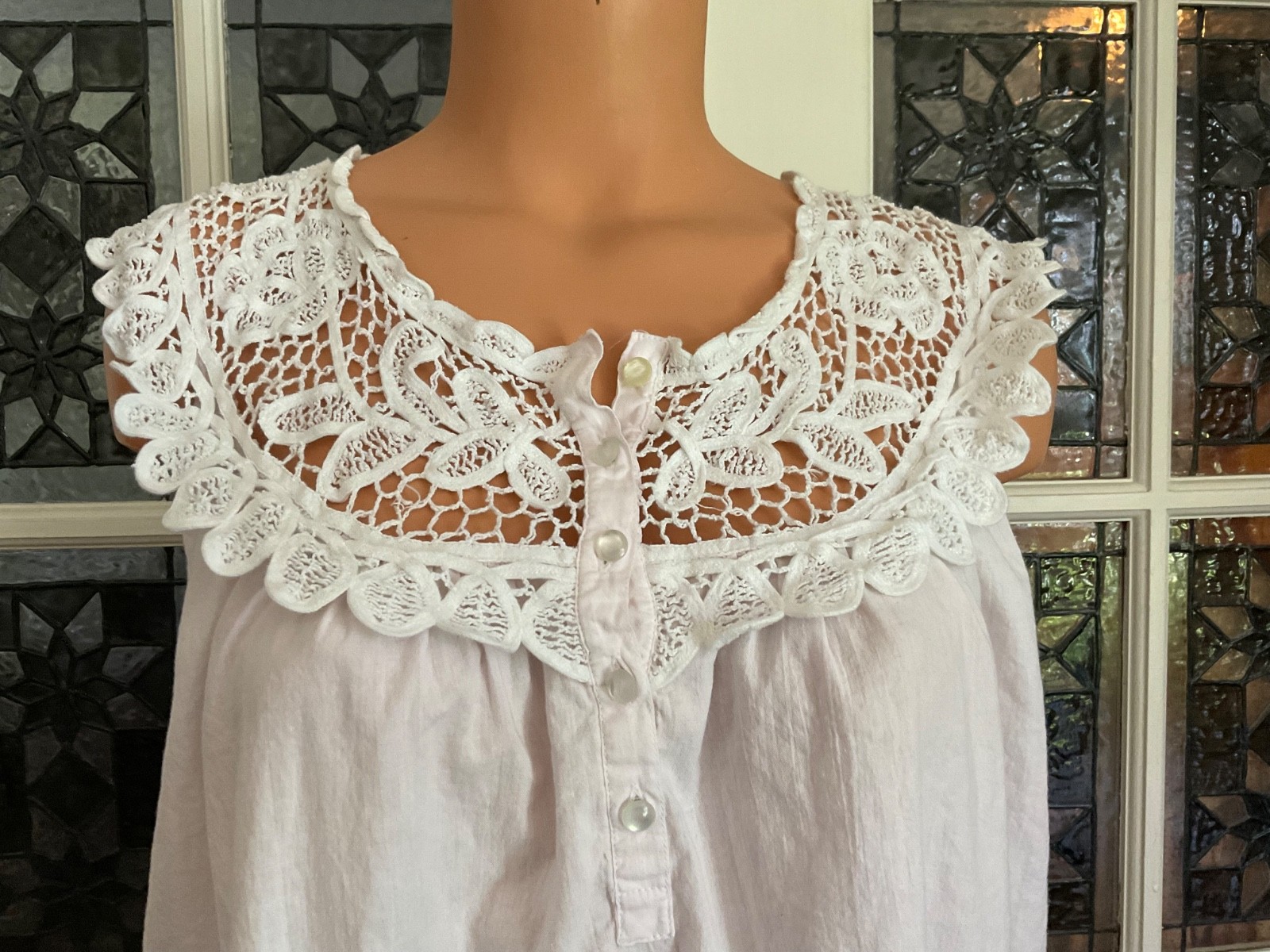 VANDEMERE White Crochet Lace Pink Cotton Nightgown Boho Prairie CottageCore Sz L