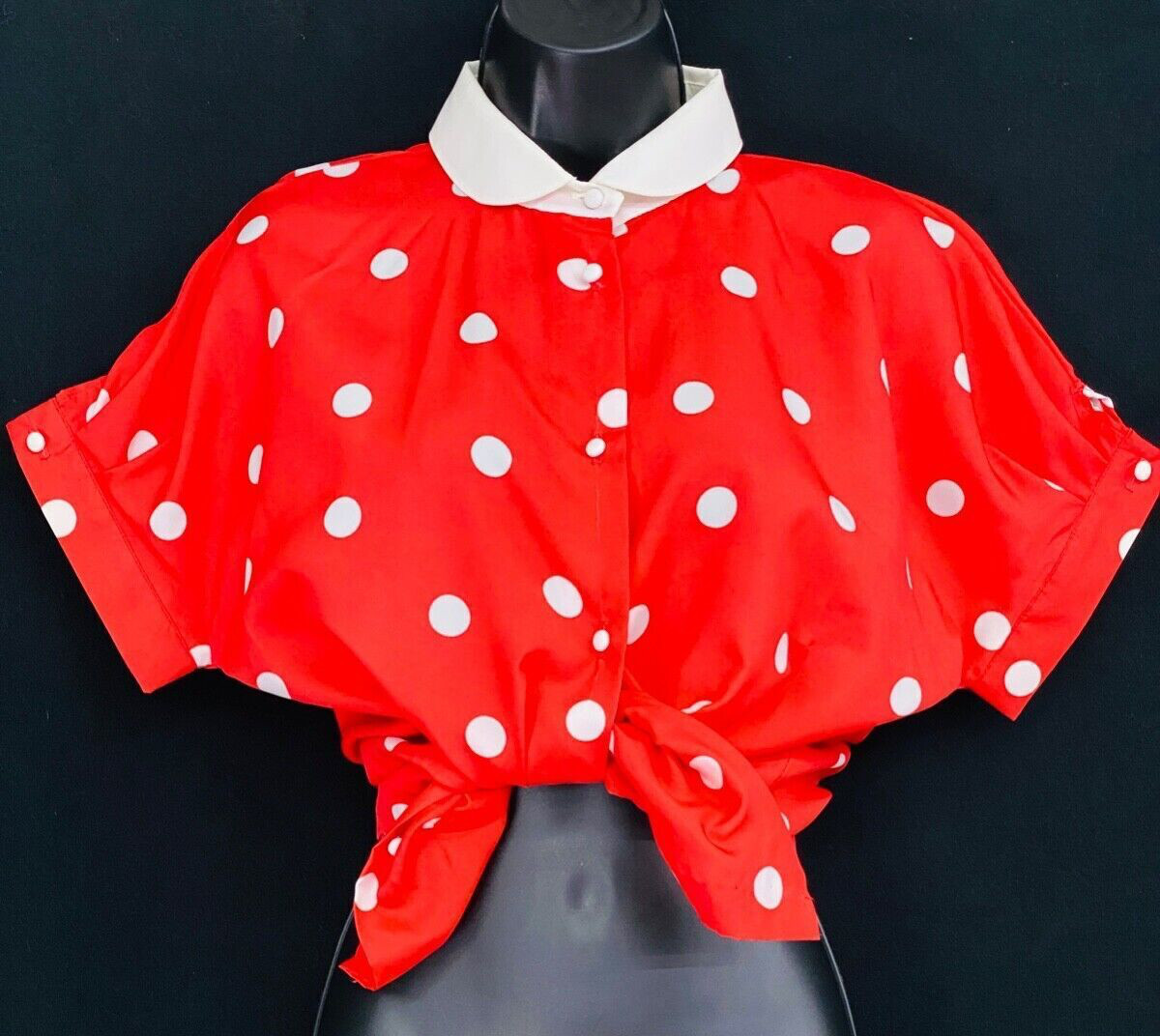 Vintage 1970s red white polka dot blouse, collar short sleeve oversized S