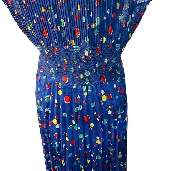 Vintage Jonathan Logan 1975s Paint Dot Print Crepe Blue MultiColor V Neck Dress