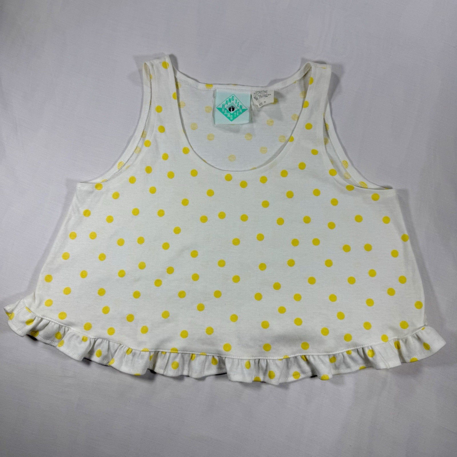 Vintage Hang Ten Yellow Polka Dot Ruffle Crop Tank Top Women’s M 70s 80s Surf