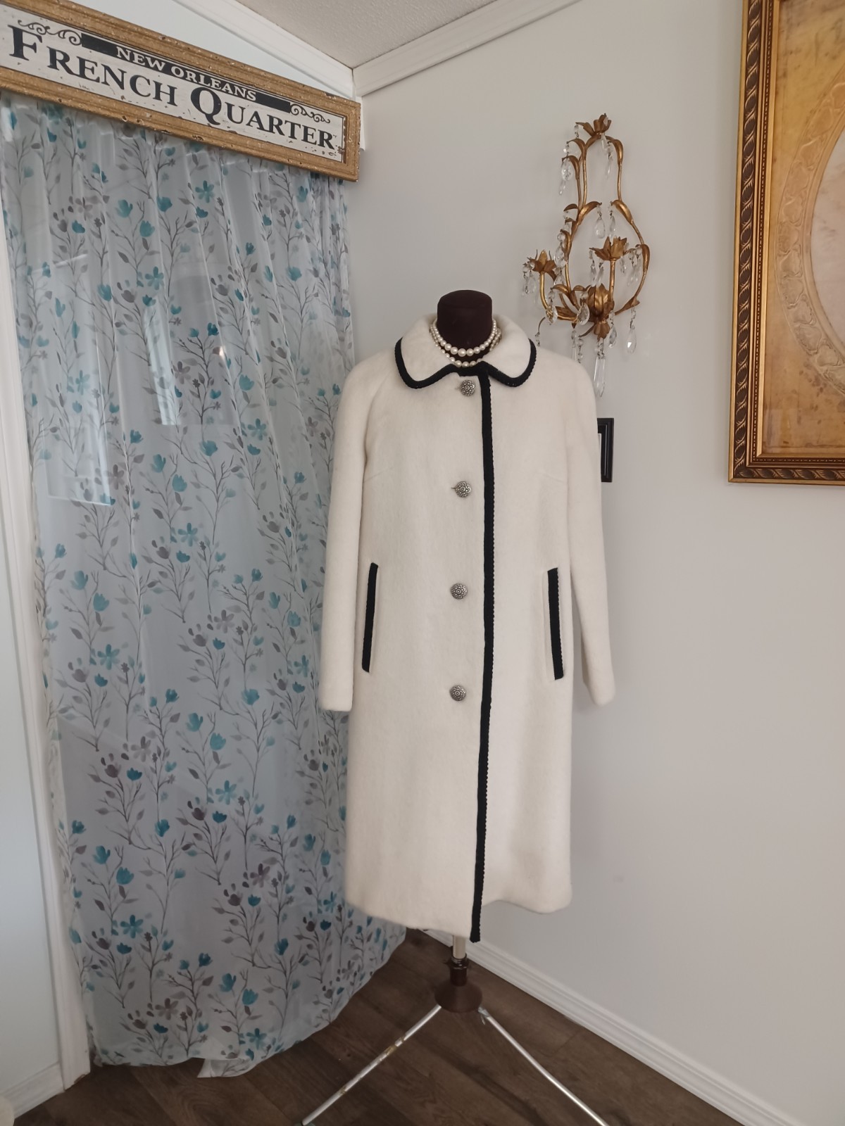 Vintage 60s LODEN WOOL Coat Beautiful Creamy White Black Trim JACKIE O M -L
