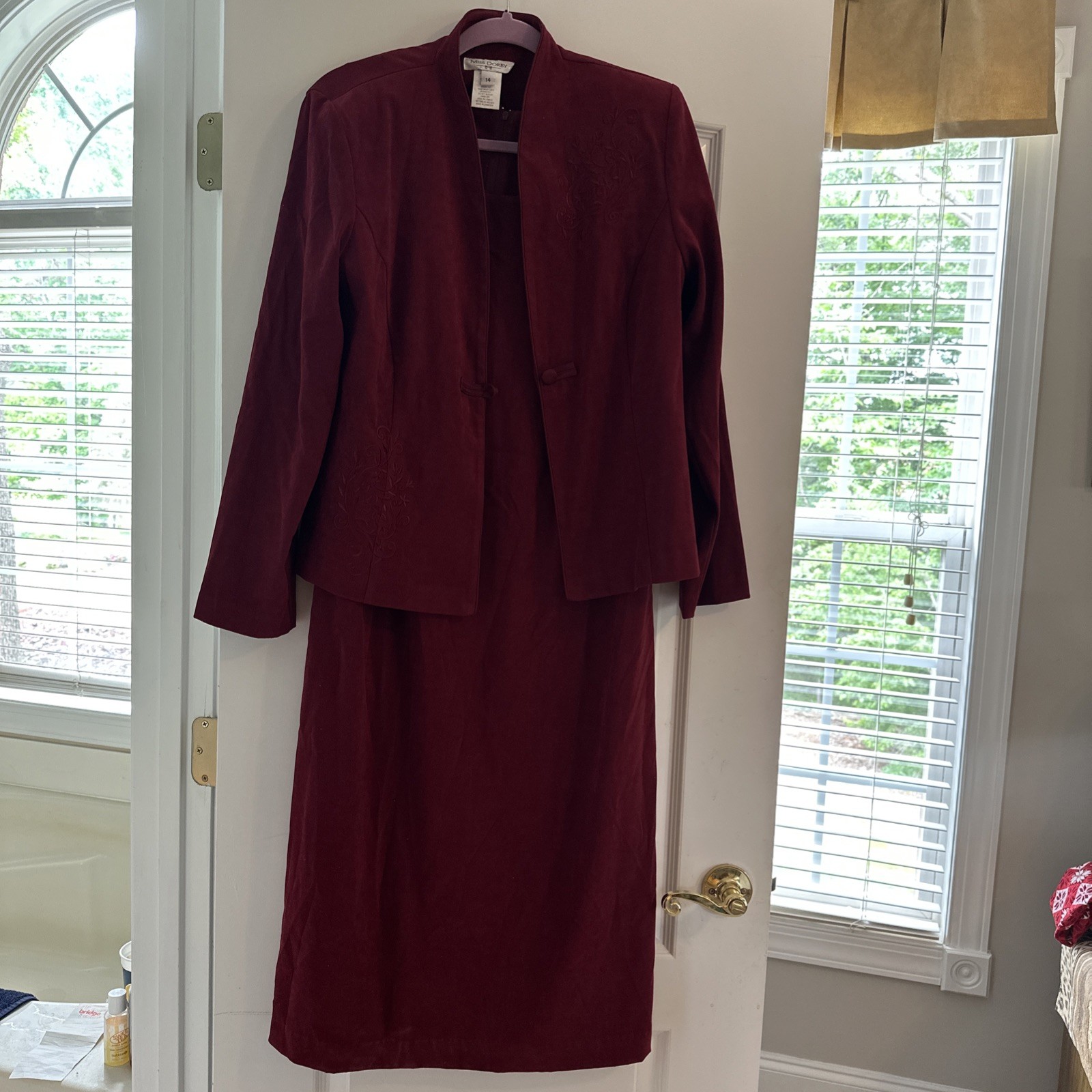 Vtg Miss Dorby Burgundy Wine Velvet 2 Piece Set Dress & Jacket Sz 14 Shoulderpad