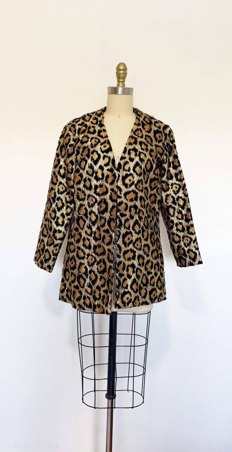 1970s Leopard Print Jacket / Metallic Jacket / Gold Leopard Print / Size Large