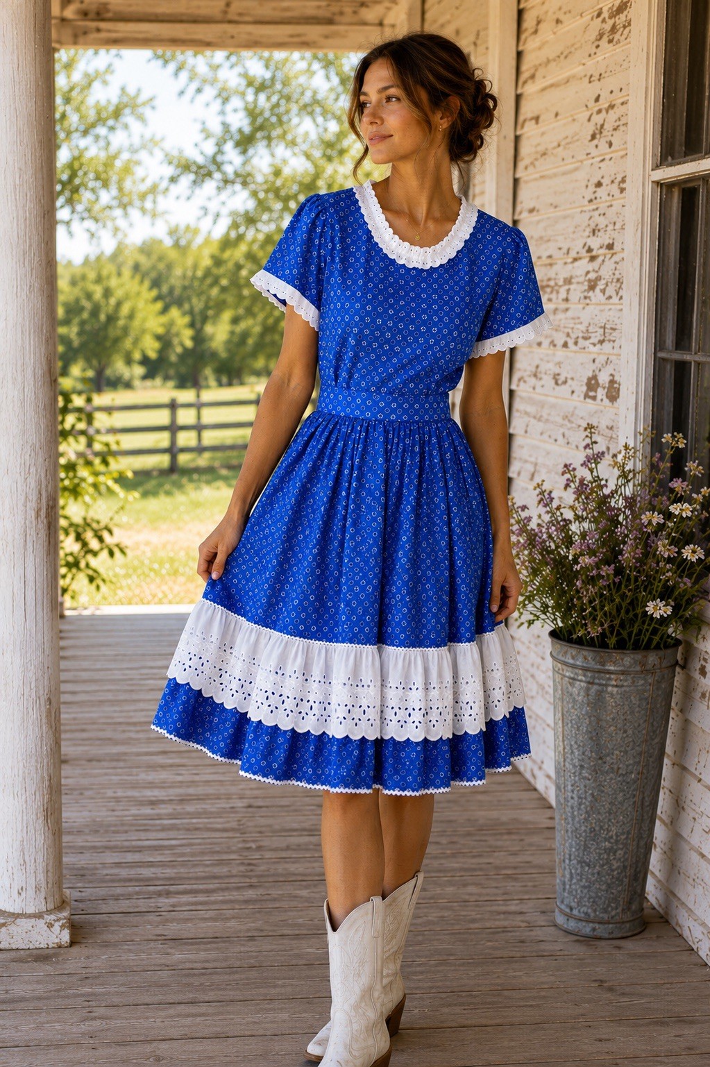 VTG Kate Schorer Square Dance Dress Blue White Eyelet Full Skirt Prairie XS/XXS