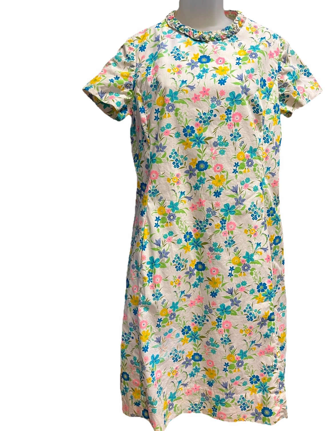 Vintage McMULLEN Dress Pink Green Floral Knotted Round Neck Short Sleeve Sz 14