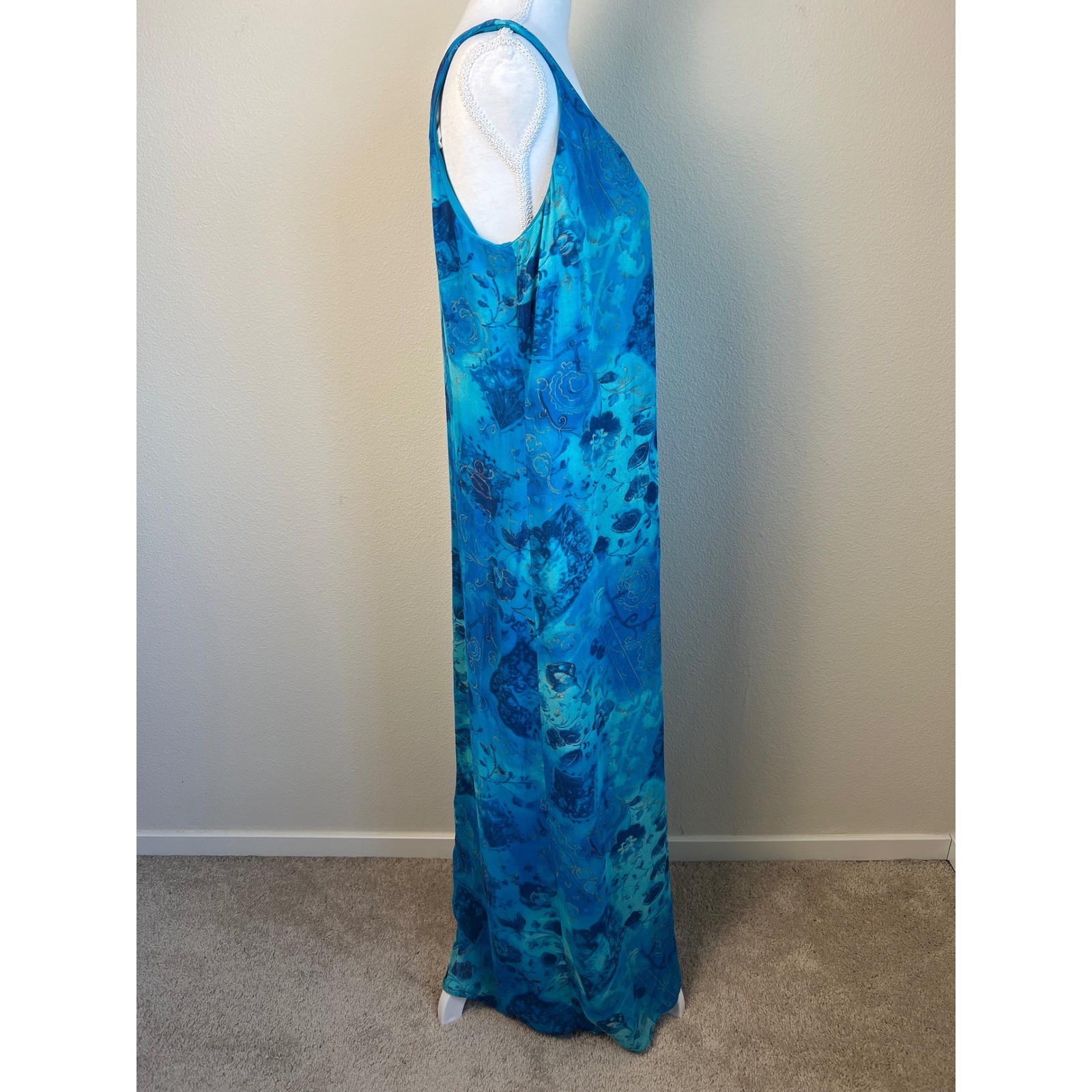 VTG Rabbit Rabbit Designs Blue Floral Rayon Maxi Dress Duster Set Size 12 Artsy