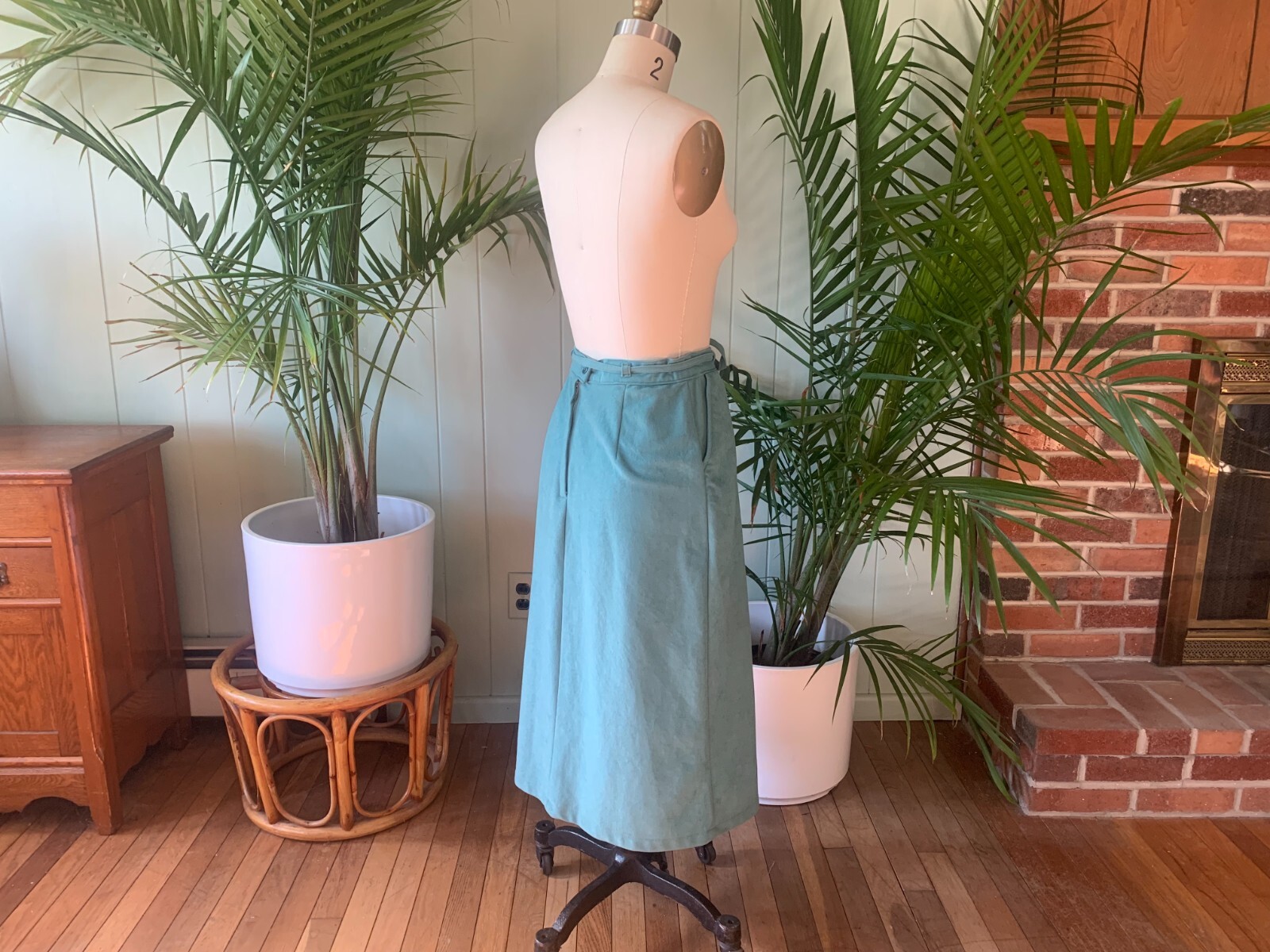 Vintage 1970s Light Turquoise Blue Sash Belt Midi Skirt White Stag