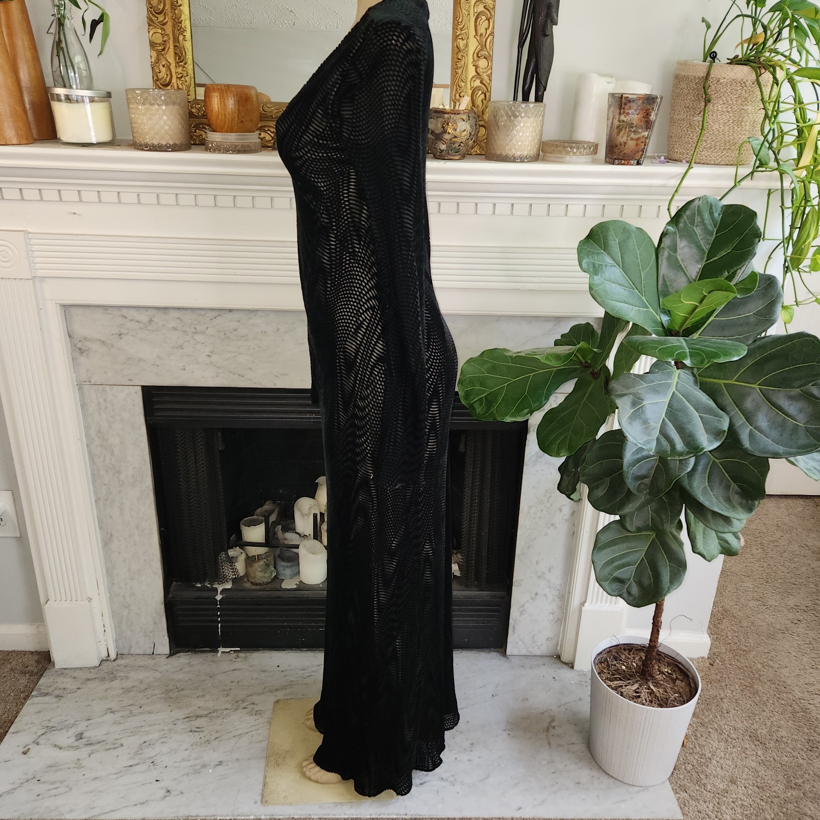 90s Helen David Devoré Velvet Burnout Black Maxi Dress Sz 8 Goth Dark Romantic