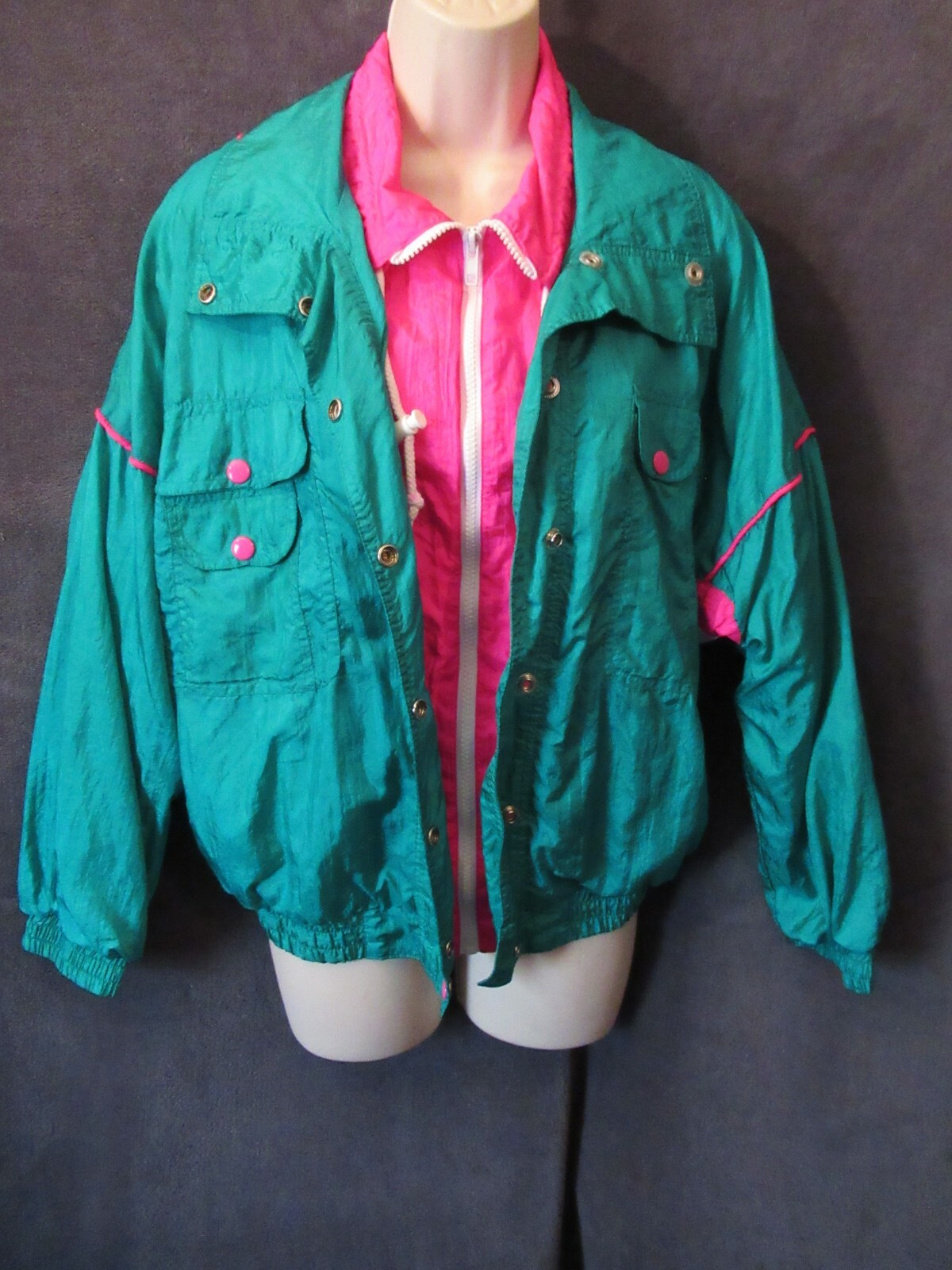 80’s Vintage Red Pepper Action Wear Hot Pink Green Shiny Oversize Bomber Jacket