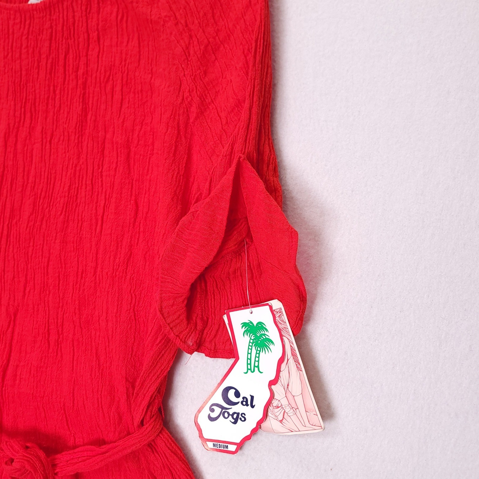 Vintage Cal Jogs Red Cold Shoulder Gauze Peplum Top Tie Waist Medium