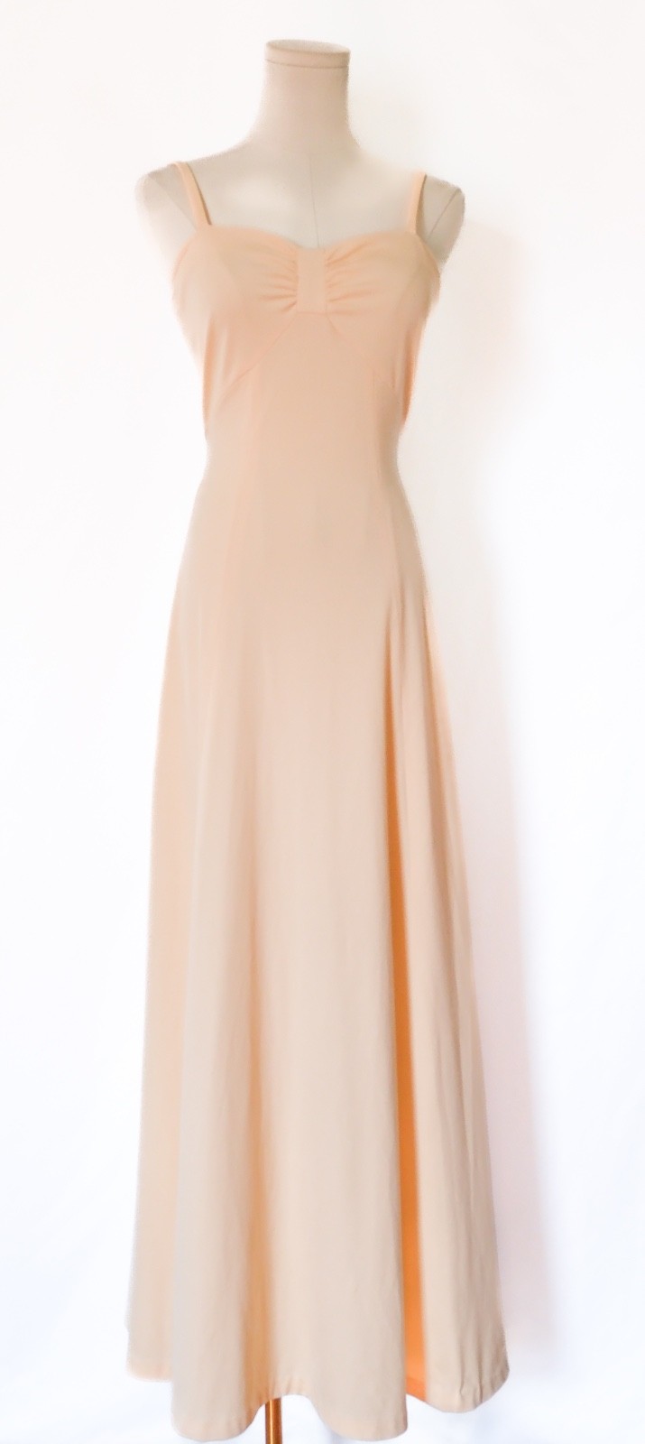 Vintage 70s Nude Peach Strappy Maxi Prom Dress Gown Ruched Bust Tie Waist XS/S