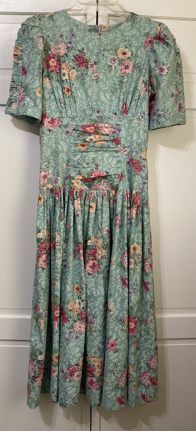 Vtg 90s Misty Lane Pastel Green Rose Garden Party Dress Cottagecore Size 5/6