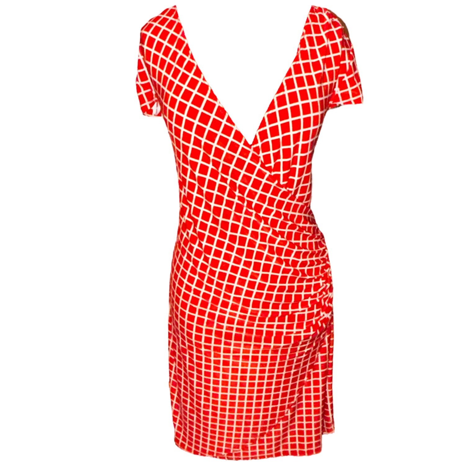 AA Studio Cap Sleeve V-Neck Faux Wrap Orange/White Short Dress Women 16 VTG