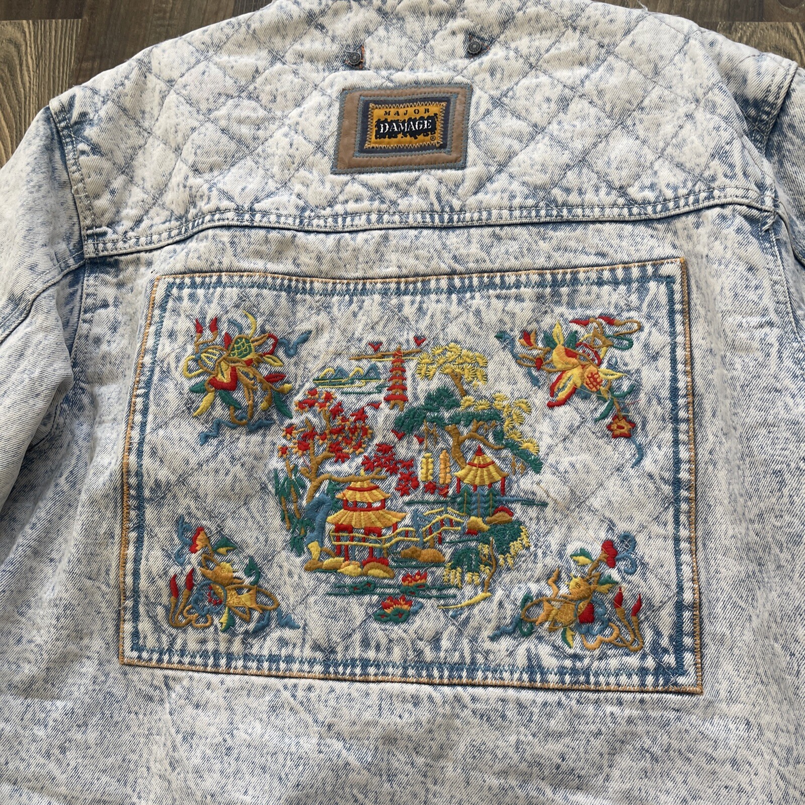 Major Damage Denim Quilted Bomber Jacket Size 1 Acid Wash Vintage