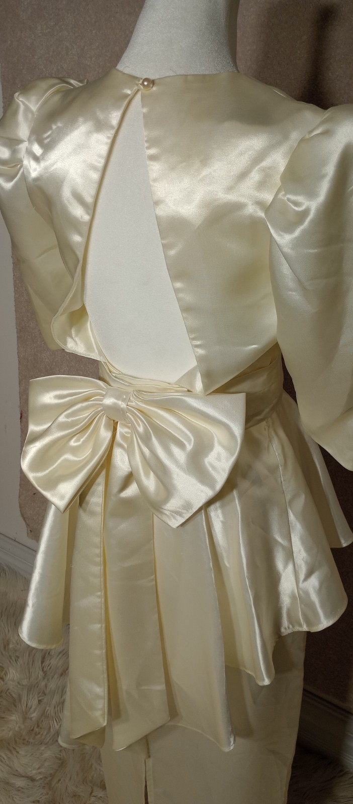 Vtg 80s Nu-Mode Satin Peplum Tea Length Wedding Dress Bow Open Back Size 5 / 6