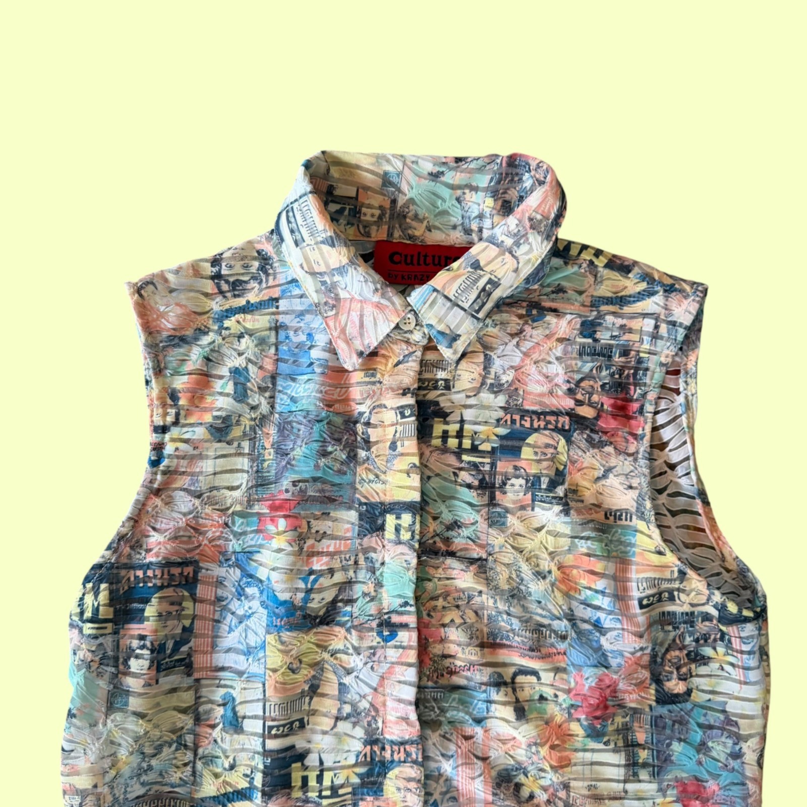 Culture by Krazy Larry Button Down Semi Sheer Sleeveless Pop Art Top S