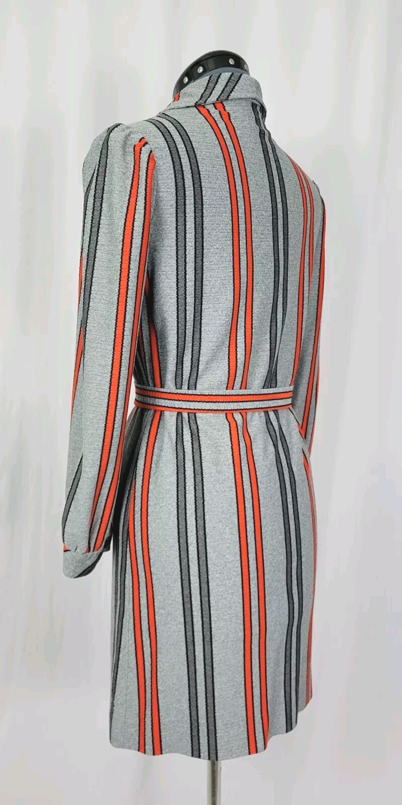 Vtg Grey Button Down Dress w Dark Grey & Orange Stripes & Tie Belt Size M?