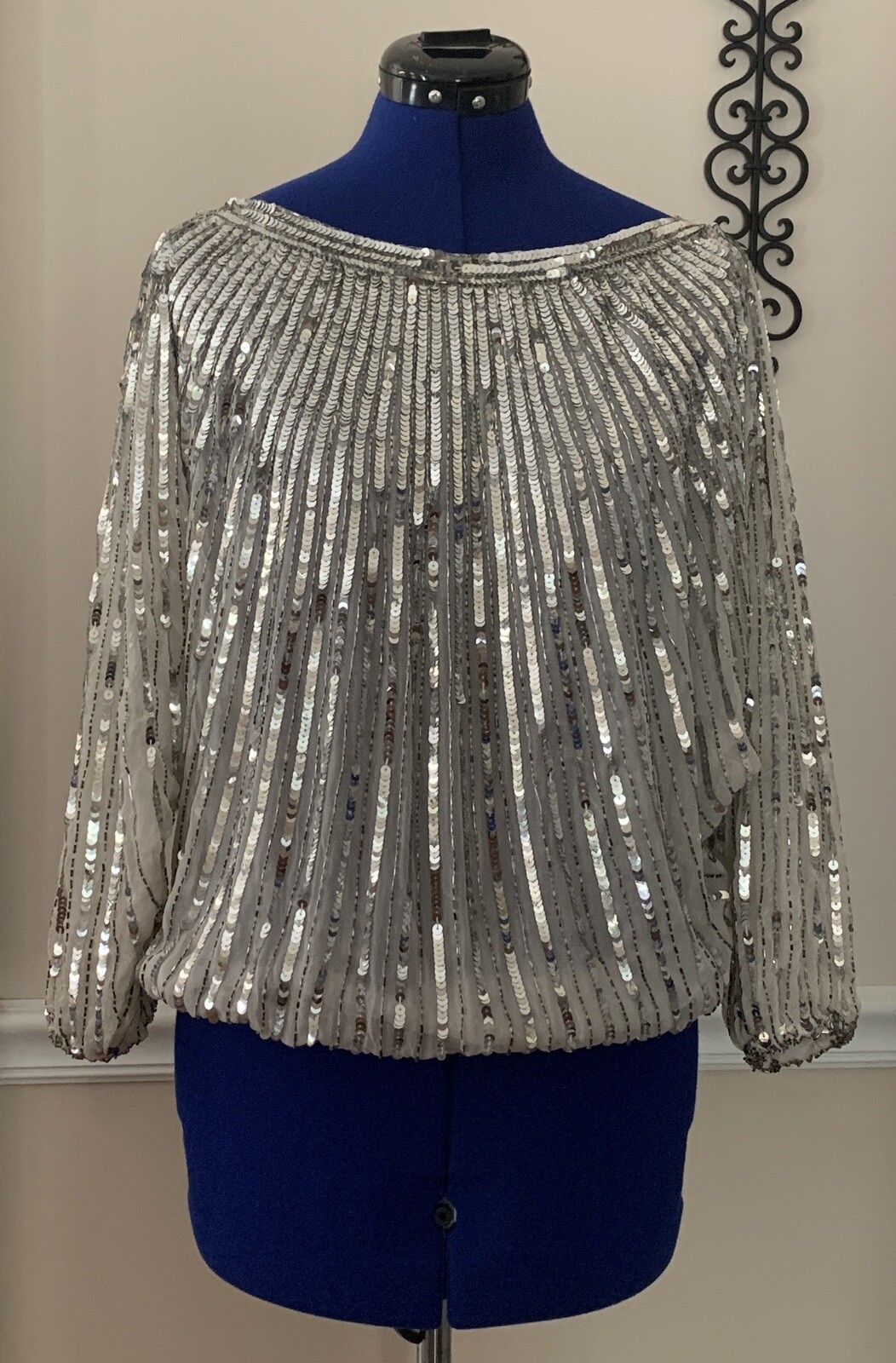 Vintage Three Flaggs 100% Silk Beaded Sequin Top Silver Color Size M