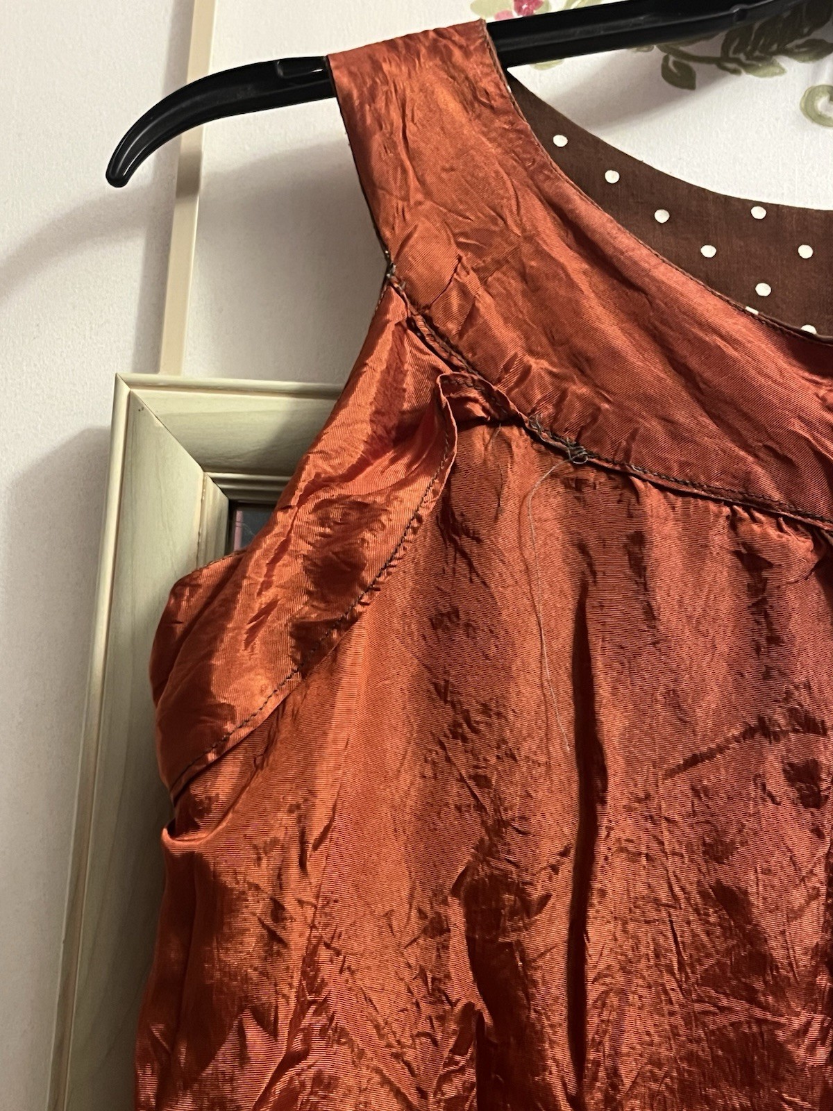 Vtg 1960’s Brown With White Polka Dots Pleated Sleeveless A-Line Dress Cut Tag