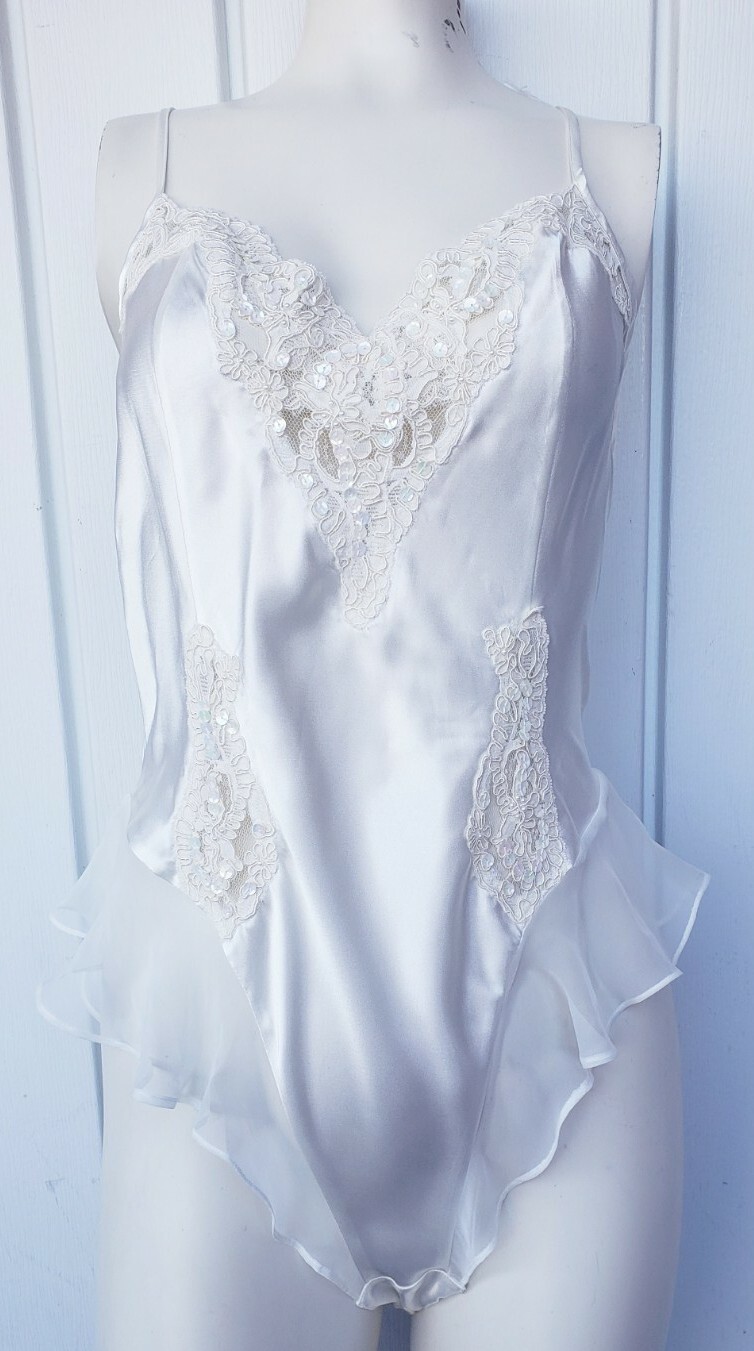 Vintage Victoria’s Secret Satin Teddy Size Medium Chiffon Bridal Ivory 90’s NEW