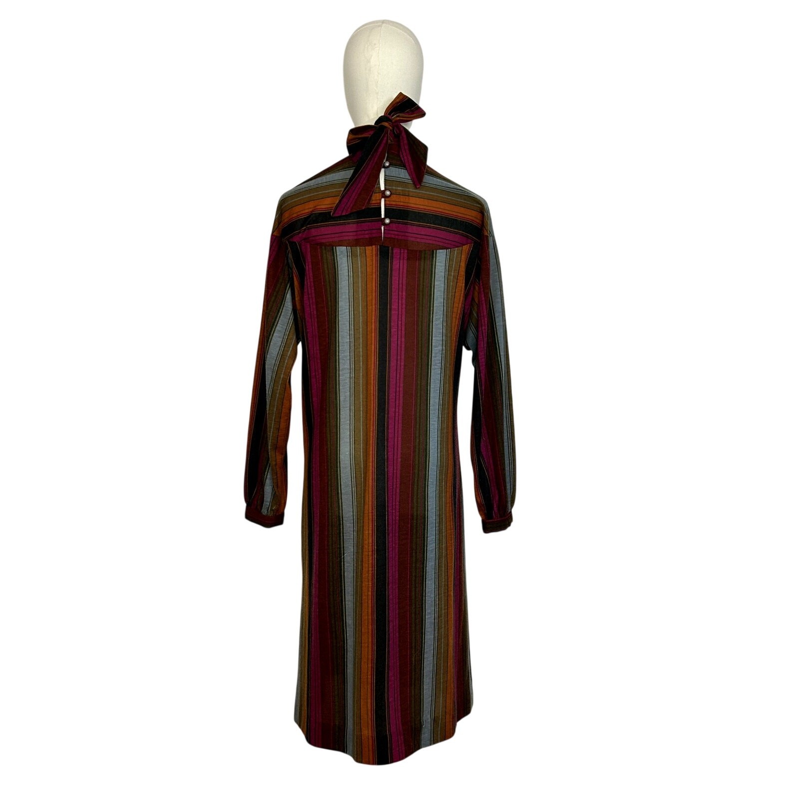 VTG 70s Knit Turtleneck Midi Dress L Pussy Bow Multicolor Bespoke Retro Twee