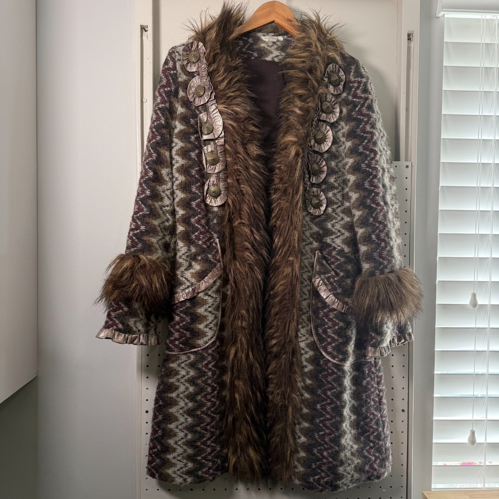 Vintage Boston Proper Faux Fur Trim Coat Women Wool Blend Jacket Medium Art