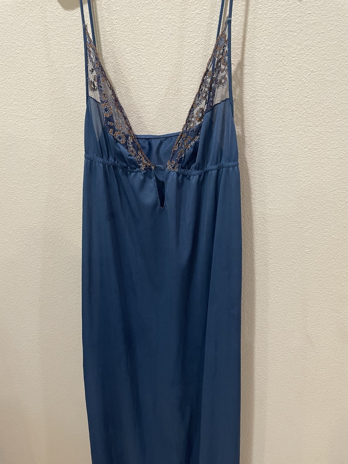 Vintage Sheer Madness Blue Lace Long Slip Dress Gown Nightgown Large