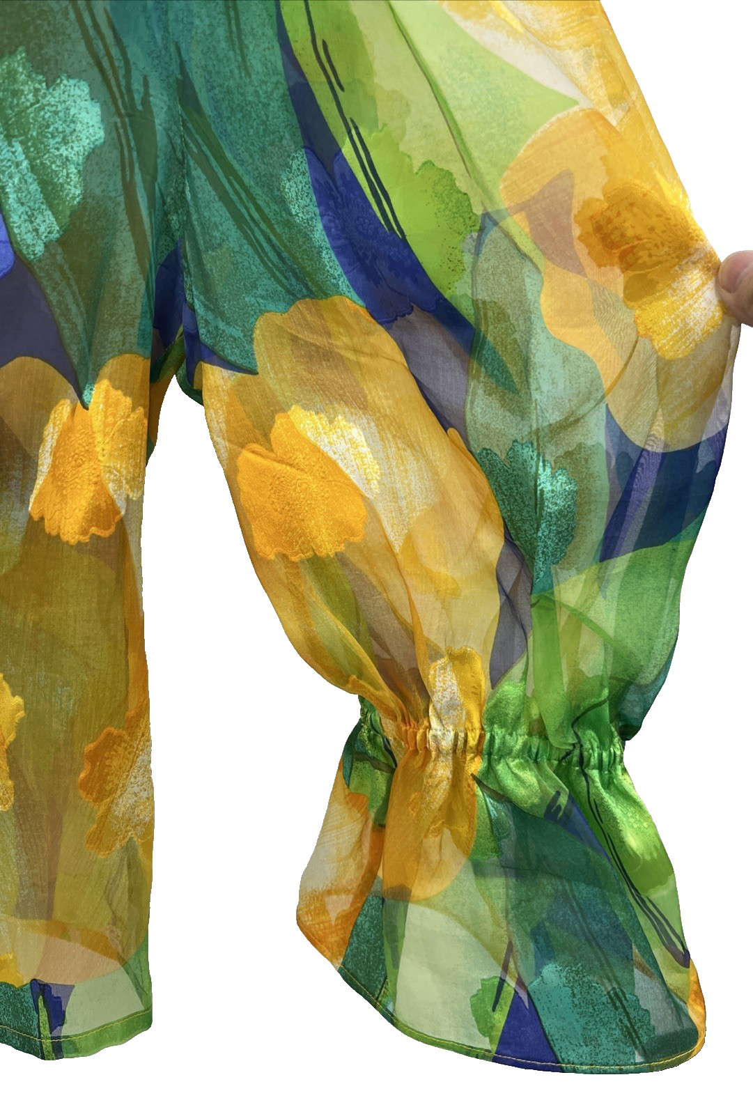 Patricia Rhodes PR Top Size 4 Silk Sheer Ruffle Neck Couture Blue Yellow VTG 80s