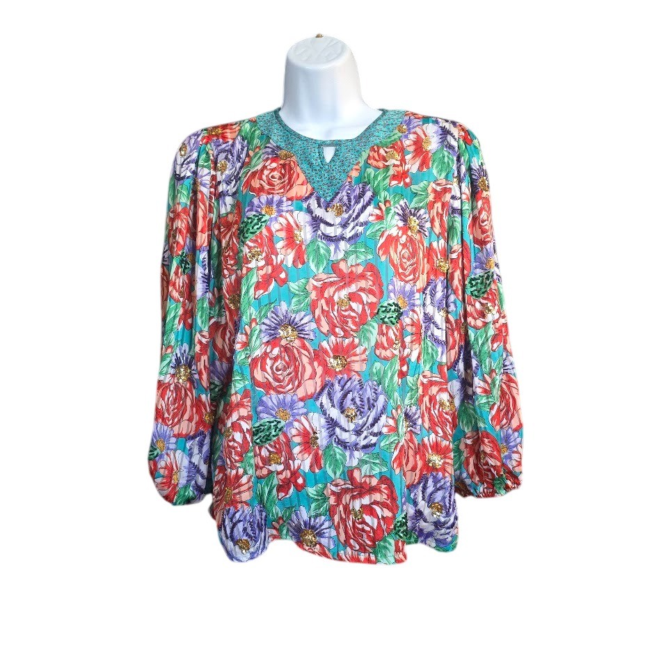 Vintage Floral Sequin Blouse Womens L Multicolor Pleated 80s Balloon Sleeve